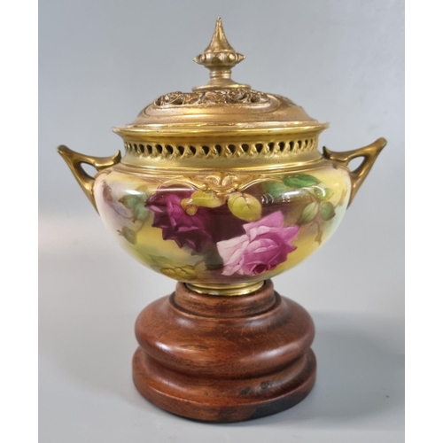 132 - Royal Worcester two handled potpourri vase and pierced cover, overall hand painted with roses and fo... 