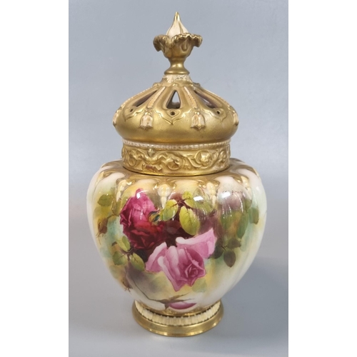 133 - Royal Worcester porcelain potpourri vase and pierced domed cover, hand painted with roses and foliag... 