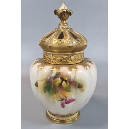 133 - Royal Worcester porcelain potpourri vase and pierced domed cover, hand painted with roses and foliag... 