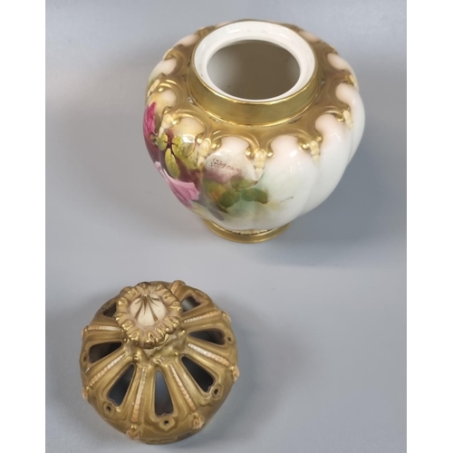 133 - Royal Worcester porcelain potpourri vase and pierced domed cover, hand painted with roses and foliag... 