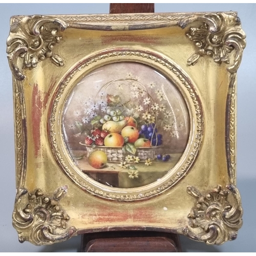 134 - Royal Worcester porcelain circular plaque, hand painted with basket of fruit an flowers, signed 'R S... 