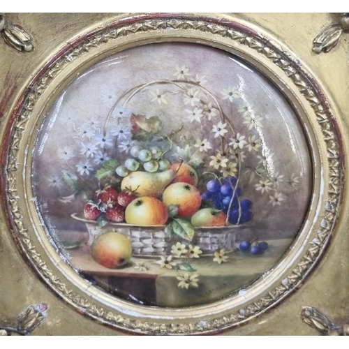 134 - Royal Worcester porcelain circular plaque, hand painted with basket of fruit an flowers, signed 'R S... 