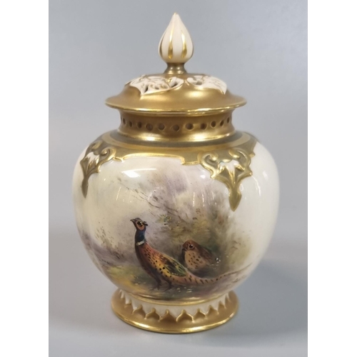 135 - Royal Worcester porcelain potpourri vase and pierced cover, the body hand painted with a brace of ph... 