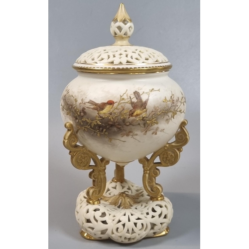 136 - Royal China Works Worcester porcelain potpourri jar and cover, raised on three scrolled supports abo... 