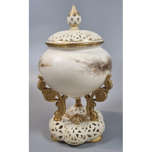 136 - Royal China Works Worcester porcelain potpourri jar and cover, raised on three scrolled supports abo... 