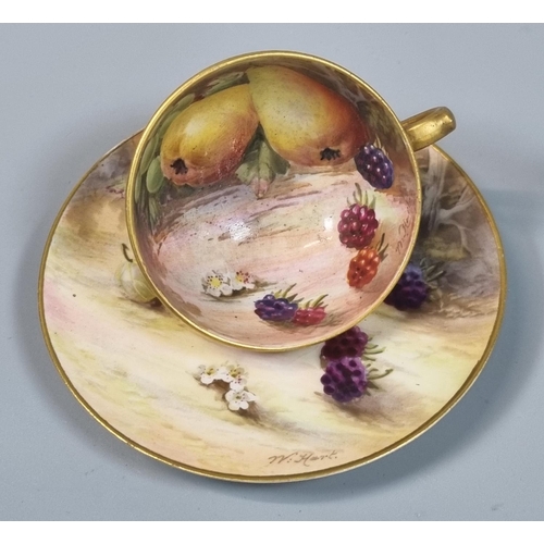 137 - Royal Worcester porcelain demi-tasse hand painted by W Hart with fruits and berries.  Puce printed m... 