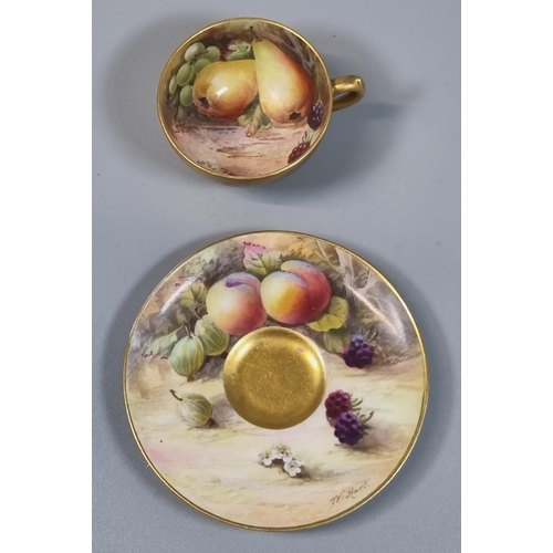 137 - Royal Worcester porcelain demi-tasse hand painted by W Hart with fruits and berries.  Puce printed m... 