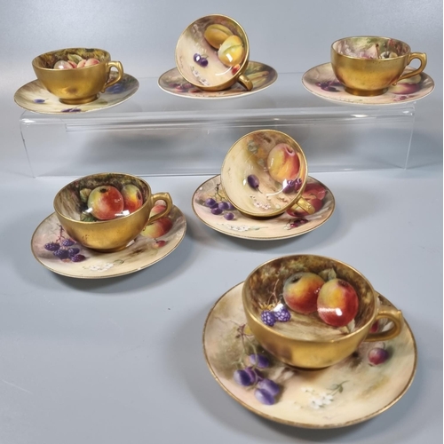 138 - Six Royal Worcester demi-tasse porcelain cups and saucers, hand painted with fruit, signed Ricketts ... 