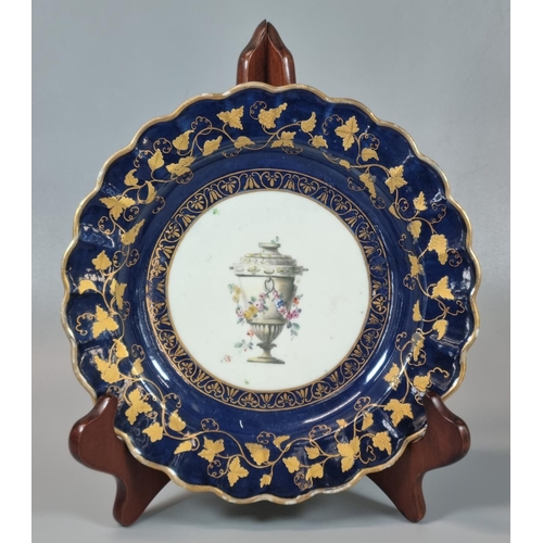 139 - 18th century First Period Worcester porcelain dessert dish with cobalt blue and gilt borders of vine... 