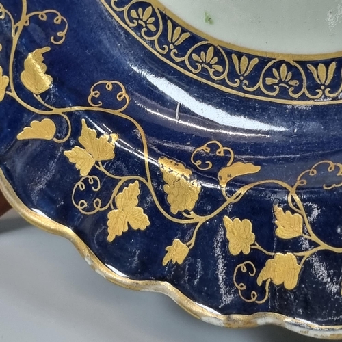 139 - 18th century First Period Worcester porcelain dessert dish with cobalt blue and gilt borders of vine... 