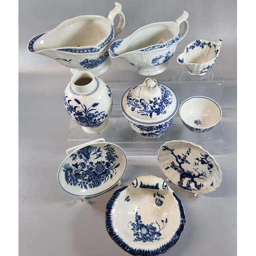 140 - Collection of 18th century First Period Worcester blue and white items to include: lidded porringer,... 