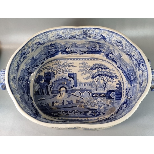 144 - 19th century Staffordshire blue and white transfer printed two handled foot bath, 'Castle Gate House... 