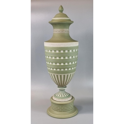 147 - 19th century Wedgwood sage green and white urn shaped vase and cover.  Impressed marks to the unders... 