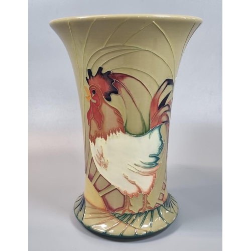 148 - Modern Moorcroft Pottery tube lined 'Sunrise' vase decorated with cockerels.  A trial piece dated 25... 