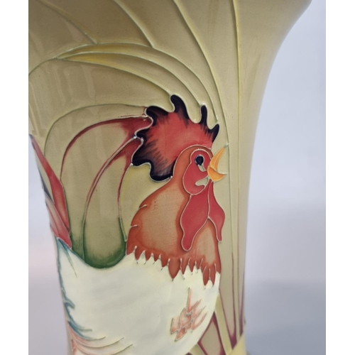 148 - Modern Moorcroft Pottery tube lined 'Sunrise' vase decorated with cockerels.  A trial piece dated 25... 