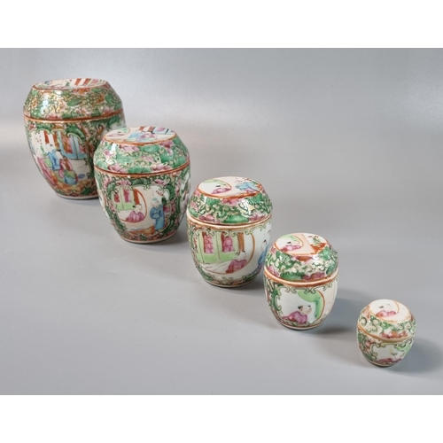 168 - Group of five graduated Canton Famille Rose lidded jars and covers of drum/barrel form, decorated wi... 