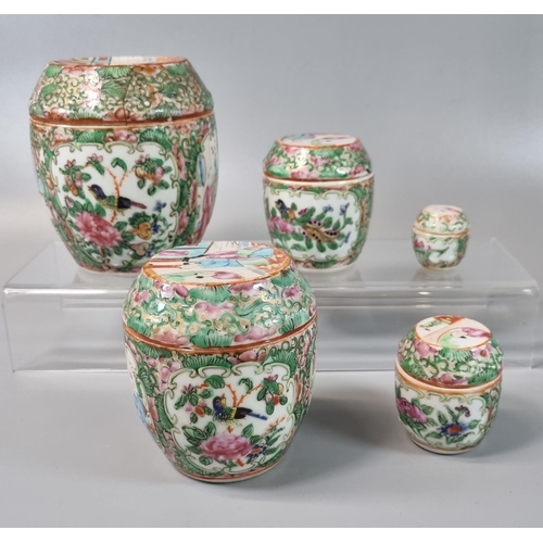 168 - Group of five graduated Canton Famille Rose lidded jars and covers of drum/barrel form, decorated wi... 