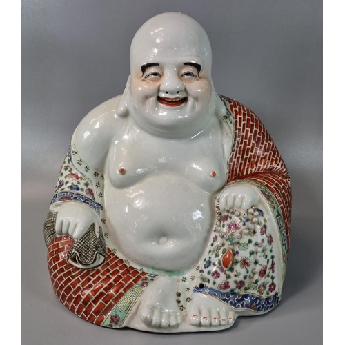 169 - Chinese slip cast Porcelain Famille Rose seated laughing Buddha. Impressed four character seal mark ... 