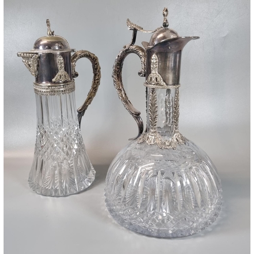 172 - Large glass wine decanter or claret jug with thumb and hobnail cut design and silver plated handle, ... 