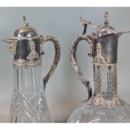 172 - Large glass wine decanter or claret jug with thumb and hobnail cut design and silver plated handle, ... 