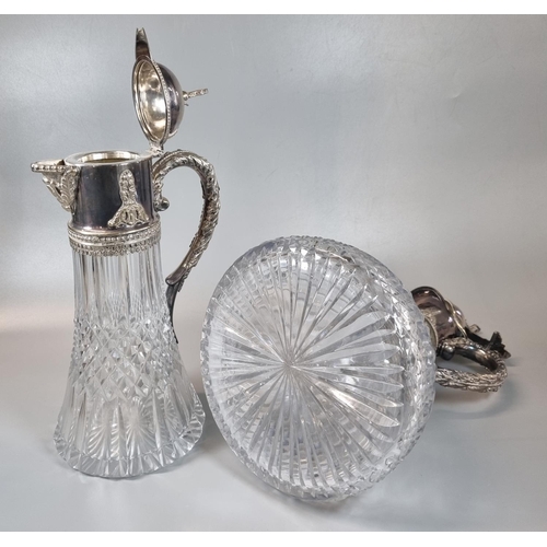 172 - Large glass wine decanter or claret jug with thumb and hobnail cut design and silver plated handle, ... 