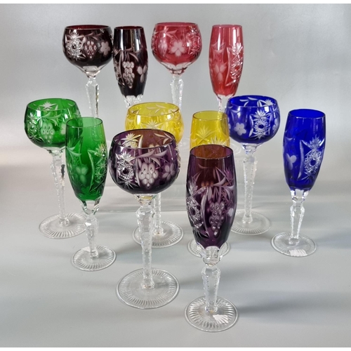 178 - Set of six multi-coloured flash cut hock glasses, together with a set of six multi-coloured flash cu... 