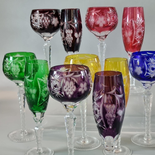 178 - Set of six multi-coloured flash cut hock glasses, together with a set of six multi-coloured flash cu... 