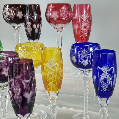 178 - Set of six multi-coloured flash cut hock glasses, together with a set of six multi-coloured flash cu... 