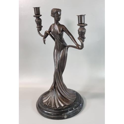 185 - After Erte, Paris, Art Nouveau style bronze two section candelabra in the form of a semi nude maiden... 