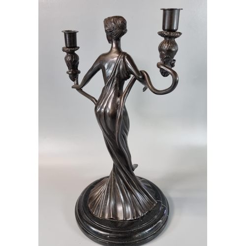 185 - After Erte, Paris, Art Nouveau style bronze two section candelabra in the form of a semi nude maiden... 