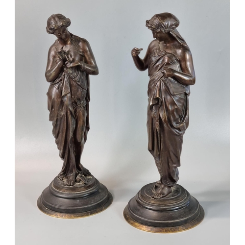 186 - Pair of 19th century French bronze neoclassical female figures, one holding a book marked 'Ciencia',... 