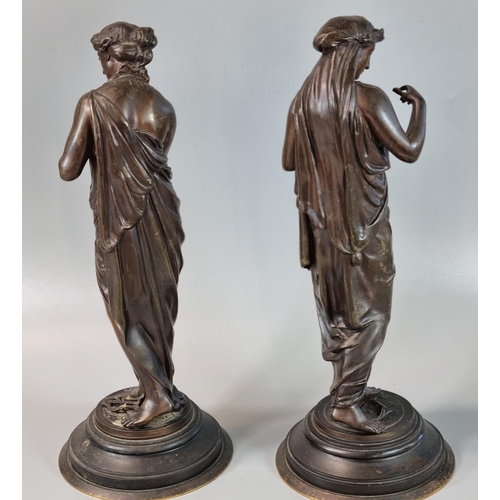 186 - Pair of 19th century French bronze neoclassical female figures, one holding a book marked 'Ciencia',... 