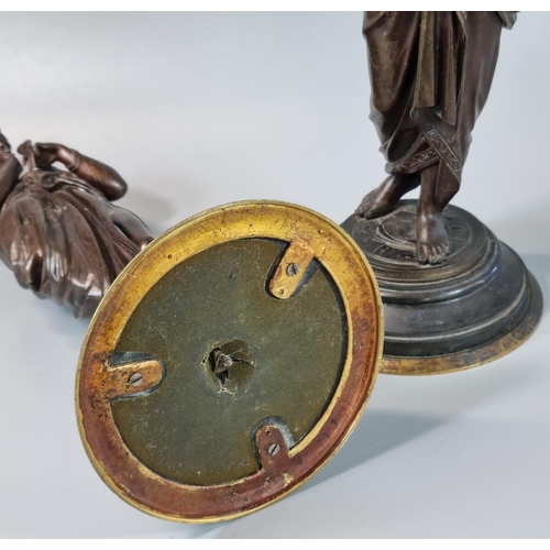 186 - Pair of 19th century French bronze neoclassical female figures, one holding a book marked 'Ciencia',... 