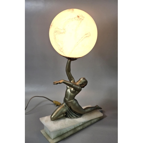 187 - Art Deco gilt spelter table lamp, modelled as a kneeling dancer with one arm upstretched, holding an... 