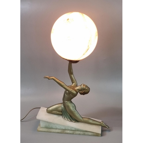 187 - Art Deco gilt spelter table lamp, modelled as a kneeling dancer with one arm upstretched, holding an... 