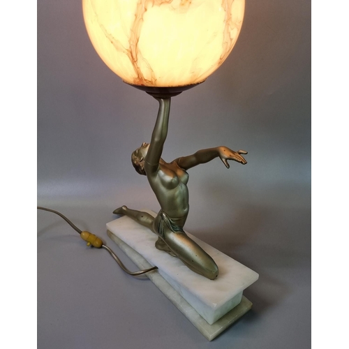 187 - Art Deco gilt spelter table lamp, modelled as a kneeling dancer with one arm upstretched, holding an... 