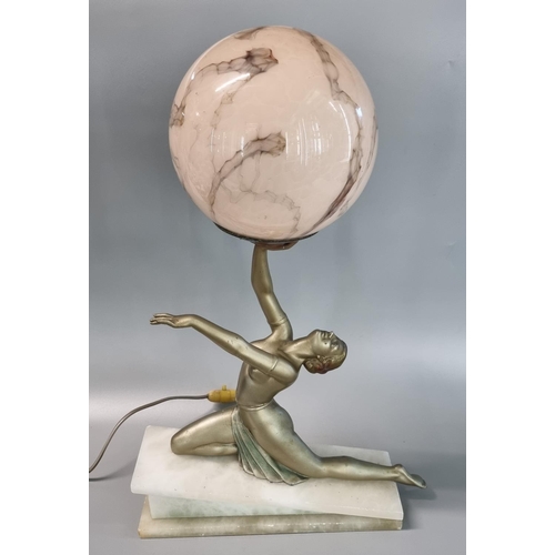 187 - Art Deco gilt spelter table lamp, modelled as a kneeling dancer with one arm upstretched, holding an... 