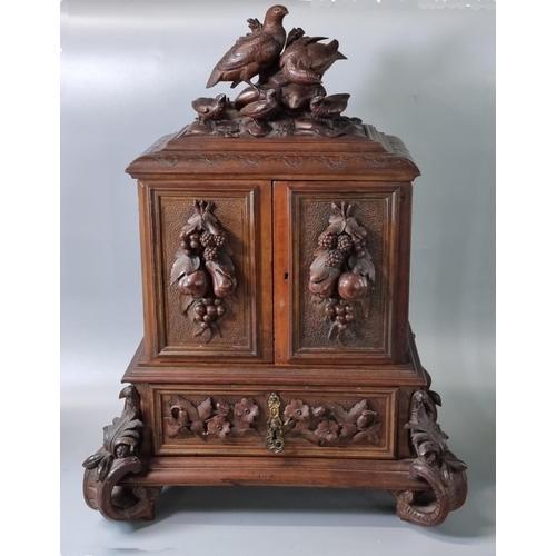 207 - Late 19th century Black Forest walnut Humidor, the top carved with partridge and young above two doo... 