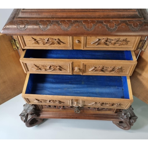 207 - Late 19th century Black Forest walnut Humidor, the top carved with partridge and young above two doo... 