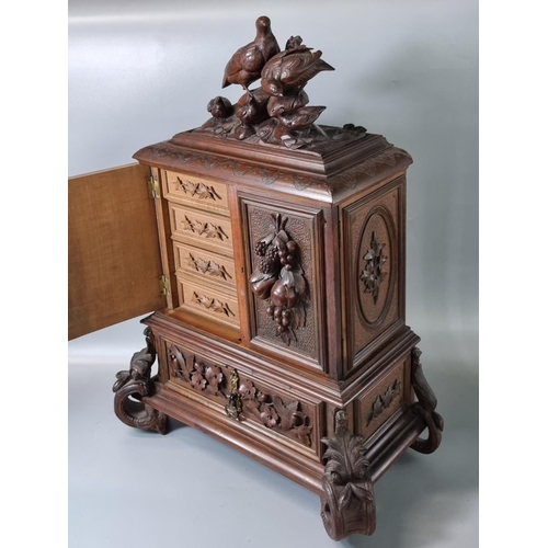 207 - Late 19th century Black Forest walnut Humidor, the top carved with partridge and young above two doo... 