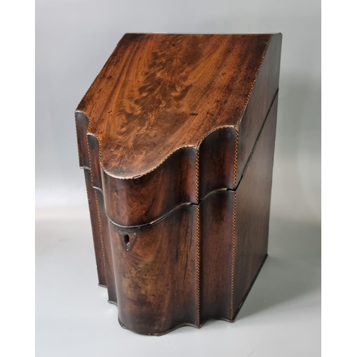 208 - 18th century mahogany serpentine and herringbone inlaid knife box, the interior revealing associate ... 