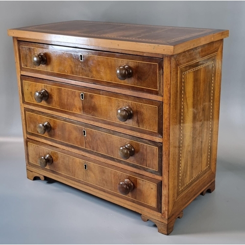 210 - 19th century mahogany inlaid straight front apprentice chest of four long drawers with herringbone i... 