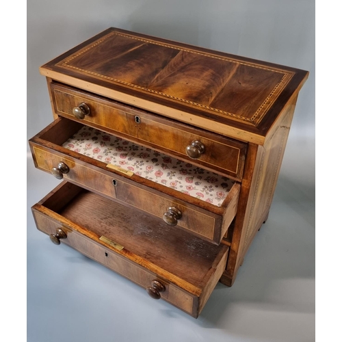 210 - 19th century mahogany inlaid straight front apprentice chest of four long drawers with herringbone i... 