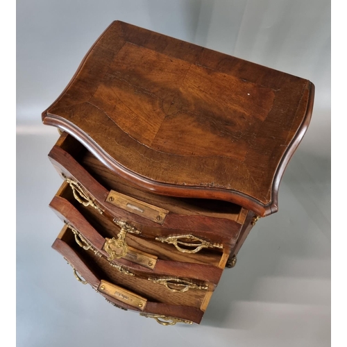 211 - 19th century continental walnut serpentine front three draw apprentice chest with gilt metal mounts,... 