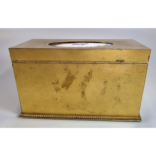 214 - Late 19th century brass fall front stationery box, the top inset with porcelain panel/tablet in Sevr... 