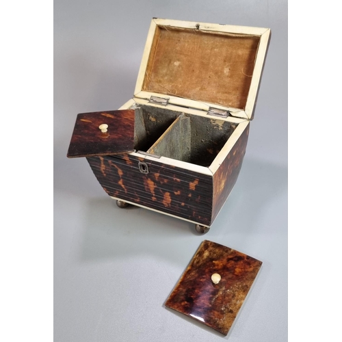 215 - Late 18th/early 19th Century sarcophagus shaped and fluted design tortoiseshell twin tea caddy on ba... 