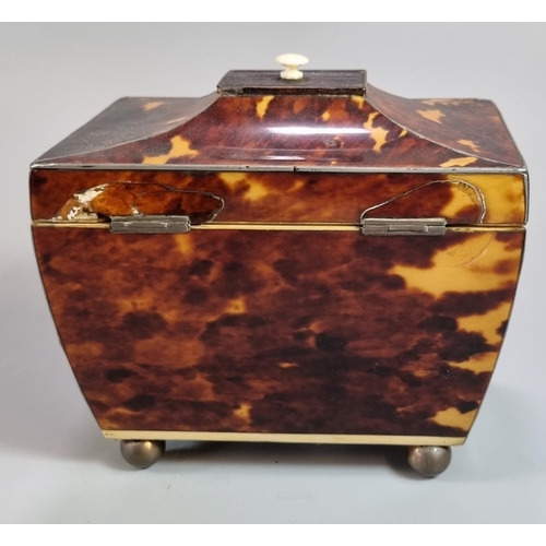 215 - Late 18th/early 19th Century sarcophagus shaped and fluted design tortoiseshell twin tea caddy on ba... 