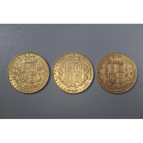 279 - Three Victorian gold full Sovereigns dated 1839, 1842 and 1843.  (3)   (B.P. 21% + VAT)