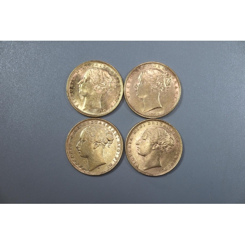 289 - Four Victorian gold full Sovereigns dated 1877, 1878, 1879 and 1880.  (4)   (B.P. 21% + VAT)