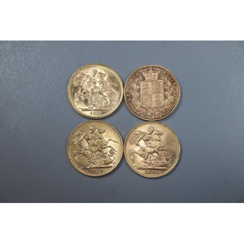 289 - Four Victorian gold full Sovereigns dated 1877, 1878, 1879 and 1880.  (4)   (B.P. 21% + VAT)